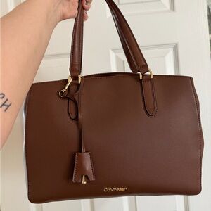 Calvin Klein Brown Leather Satchel Lock Bag - NEW